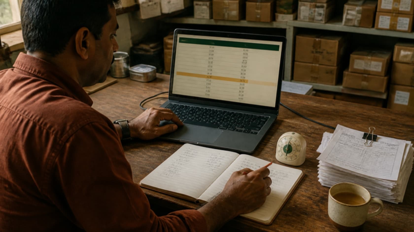 Small business owner times invoice work with a kitchen timer, pencil in hand over a notebook of rough sums, beside a laptop spreadsheet.
