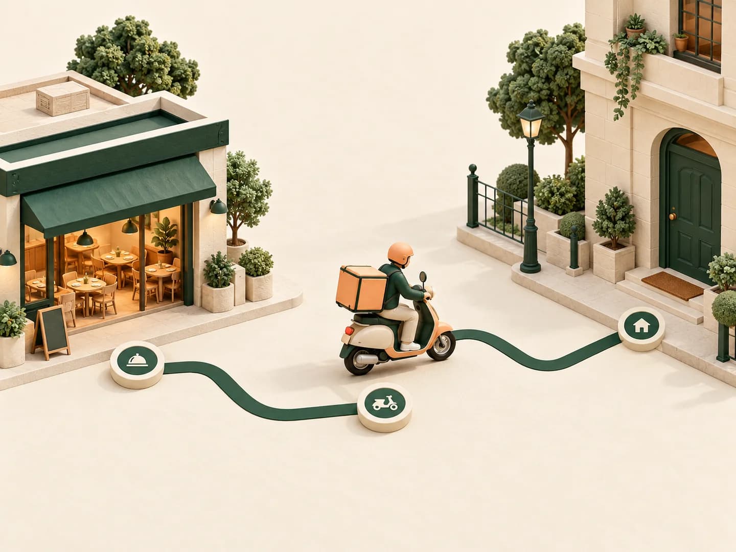 Concept illustration of a restaurant, delivery scooter and apartment connected by an order route.