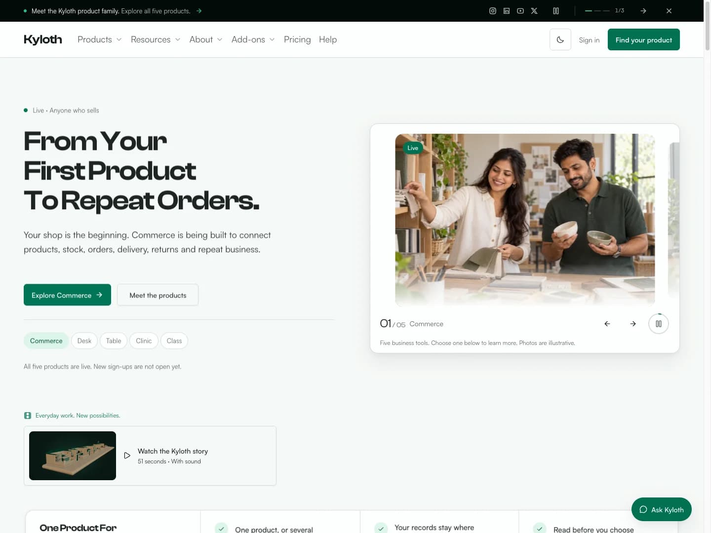 Screenshot of the Kyloth public website, showing its Commerce introduction and product-family navigation.