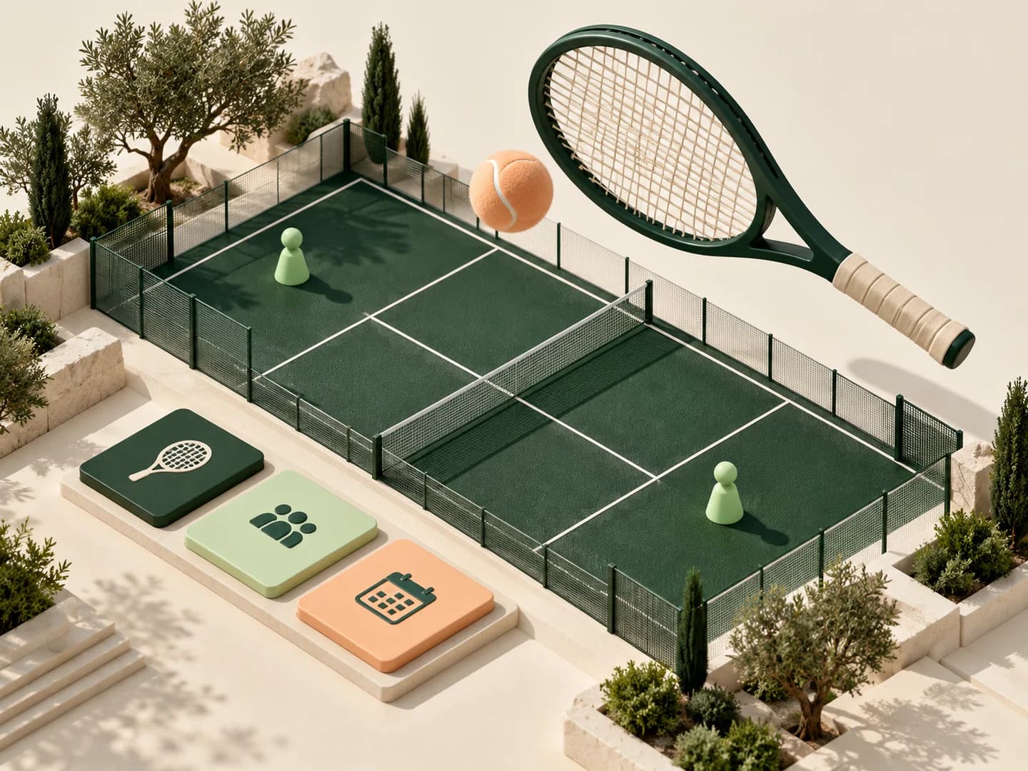 Concept illustration of a racket-sports court, racket, ball and booking elements.