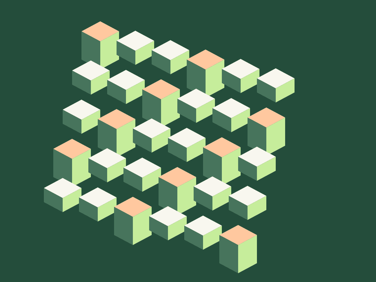 Isometric pattern of cream, mint and apricot building blocks on a forest-green background.