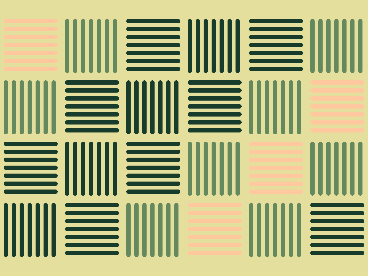 Geometric woven pattern of alternating forest-green and apricot threads on a warm yellow background.