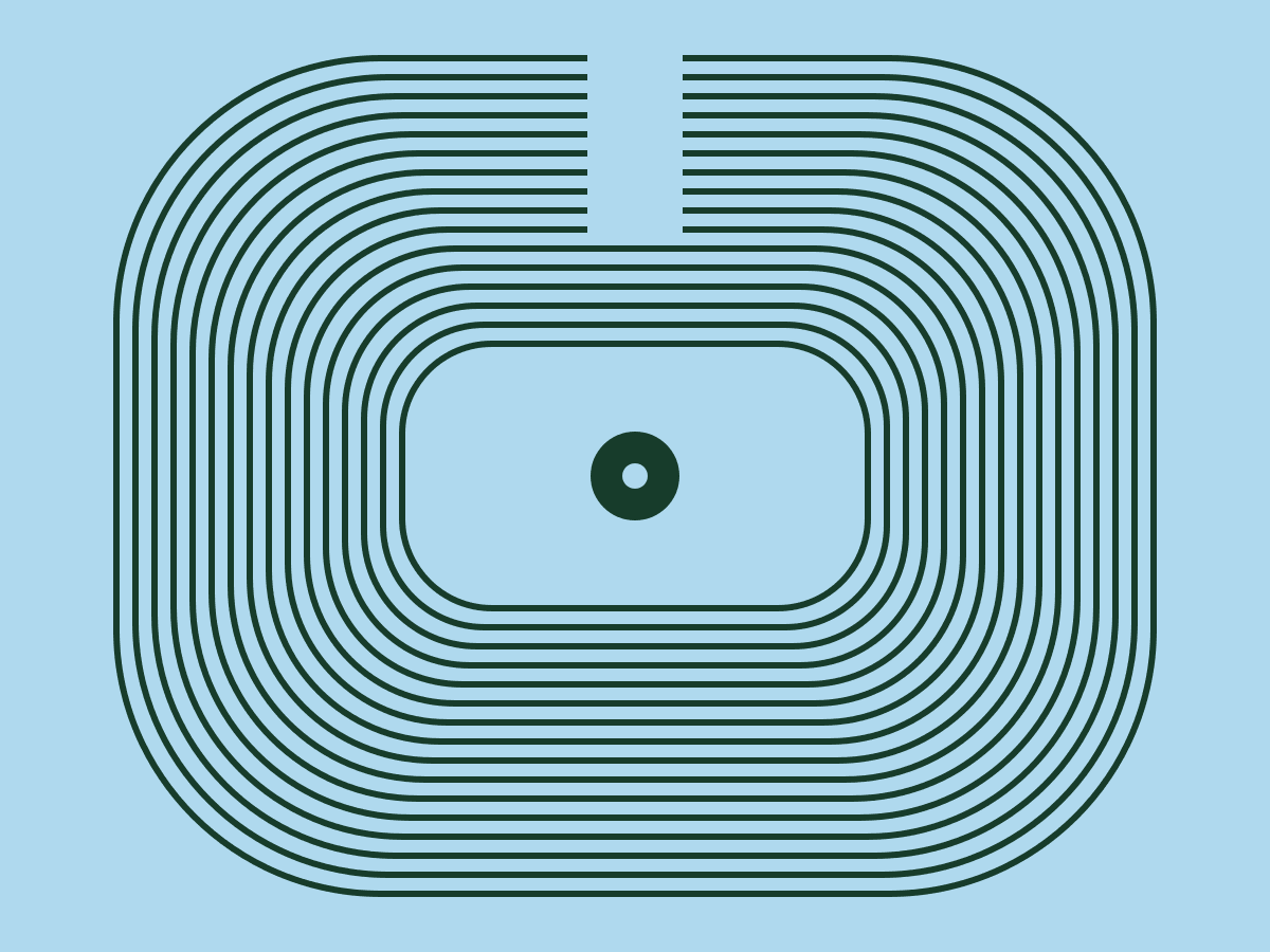 Nested forest-green protective arcs surrounding a central circle on a pale blue background.