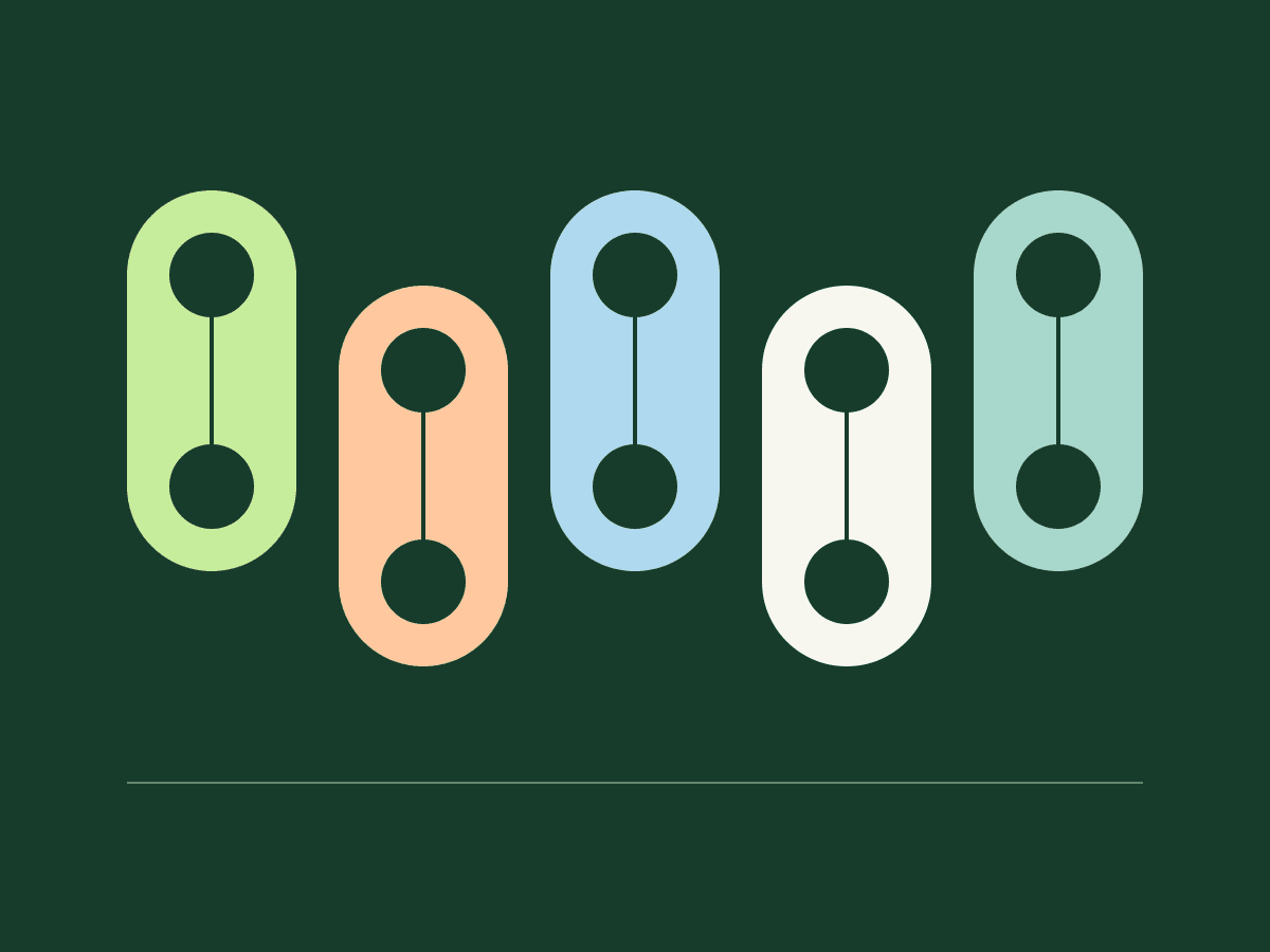 Abstract pattern of five interlocking pastel columns on forest green, representing the Kyloth product family.