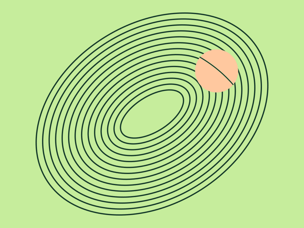 Sweeping forest-green court-inspired ellipses and an apricot ball on a mint background.