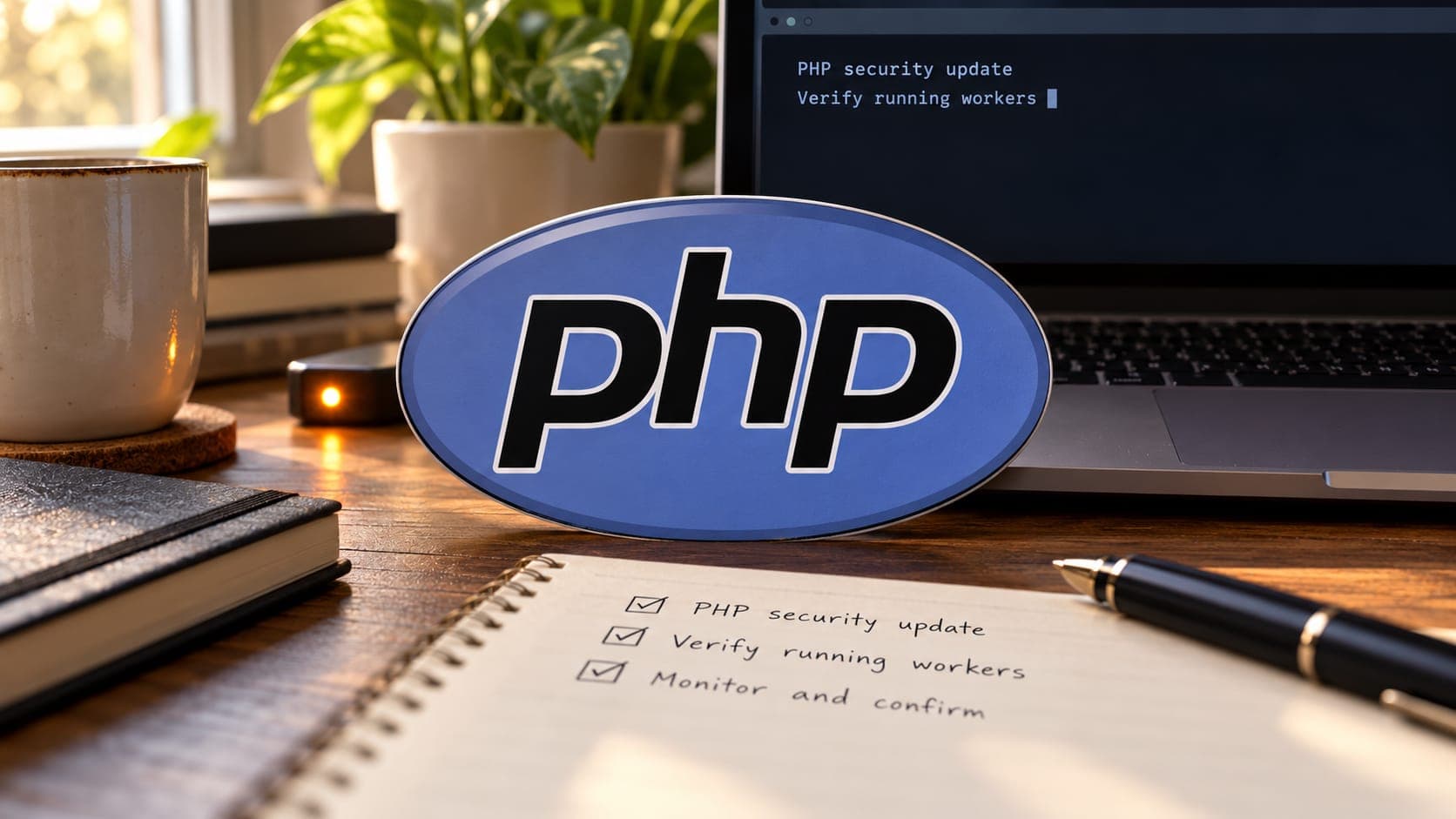 PHP logo on a desk beside a laptop displaying a security-update reminder and a checklist to verify running workers.