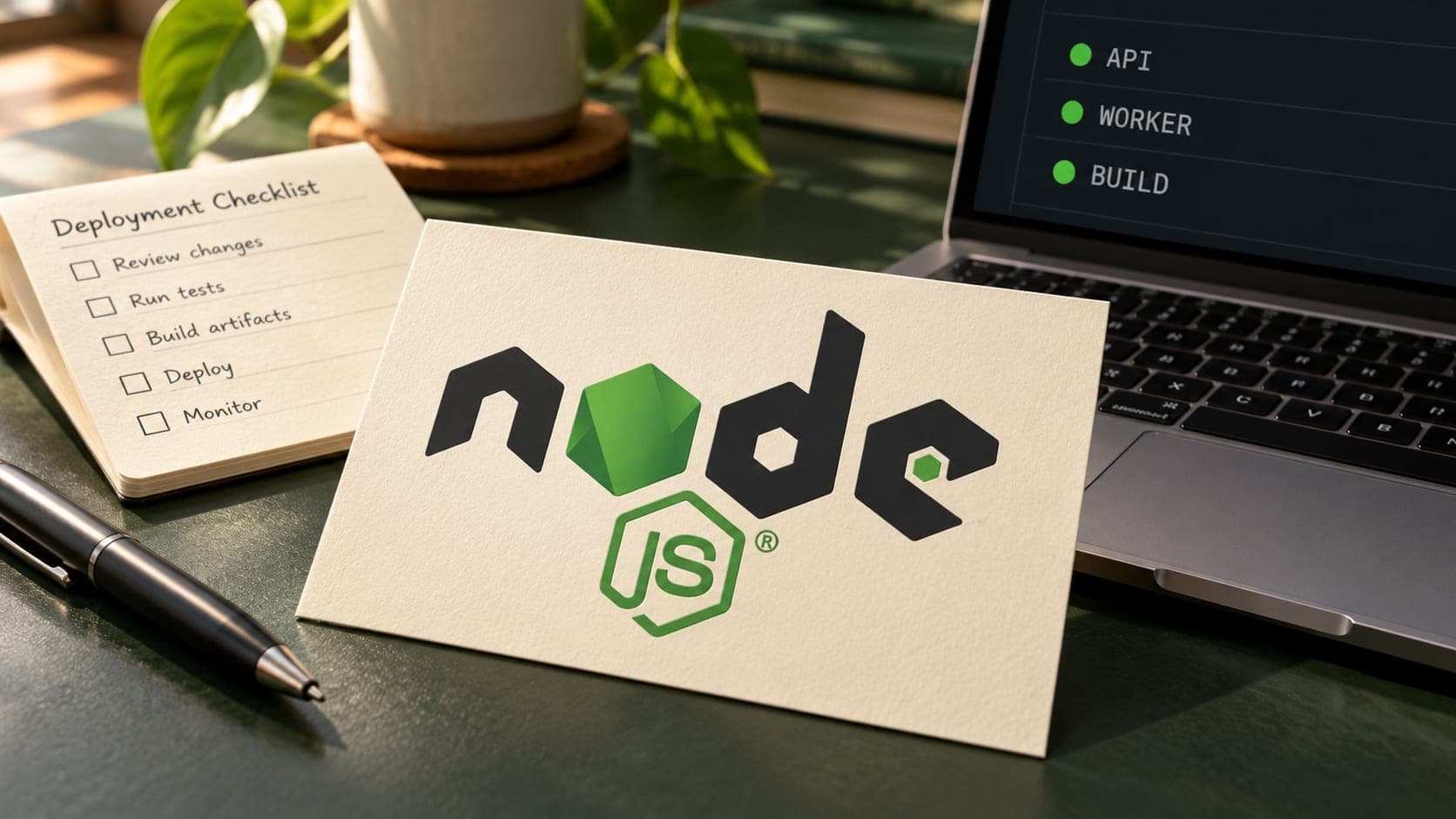 Node.js logo on a cream card beside a deployment checklist and laptop showing API, worker and build status rows.