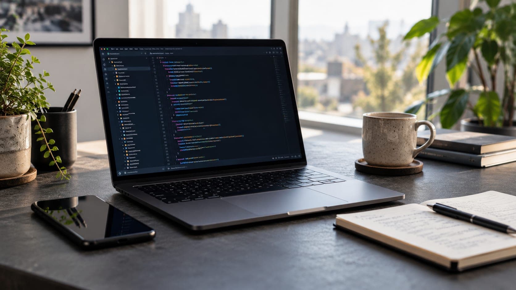 Laptop displaying code beside a smartphone and notebook on a sunlit desk.