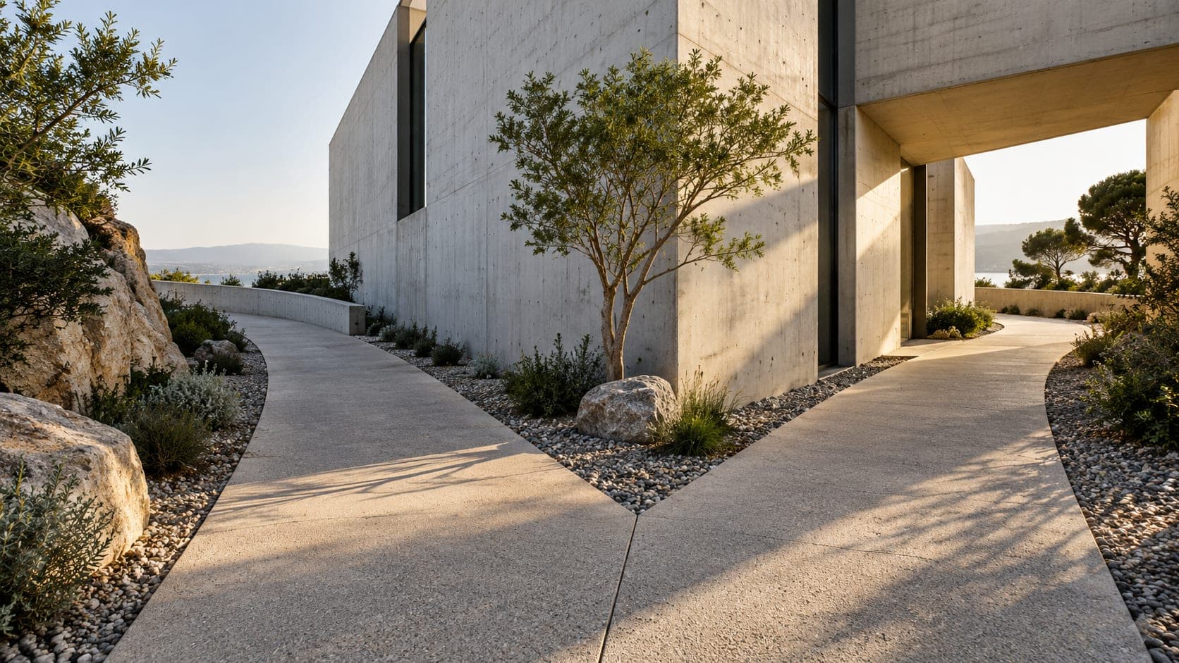 Two concrete paths diverging around a modern building in afternoon light.