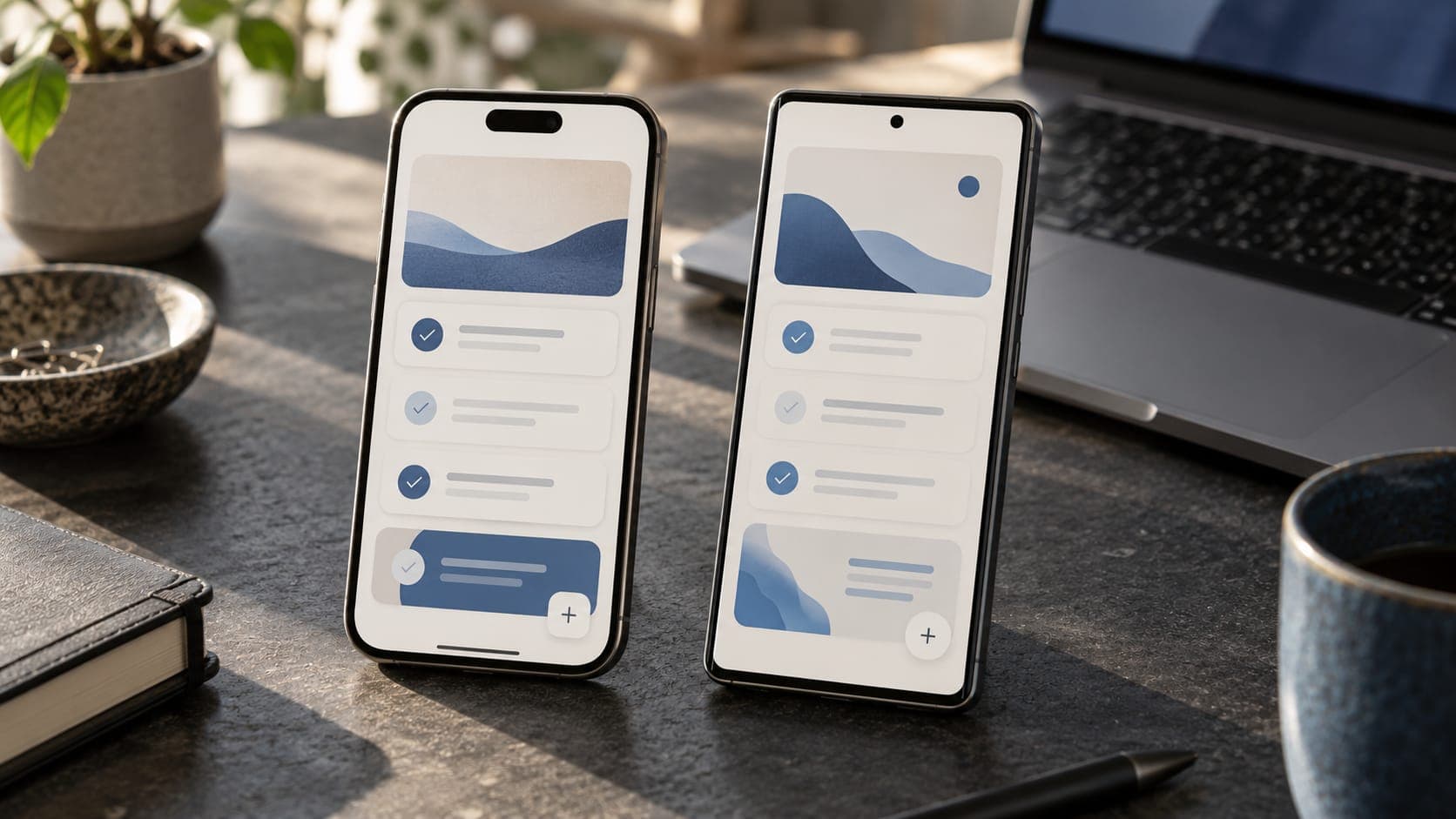 Two smartphones displaying matching blue and cream app interfaces beside a laptop.