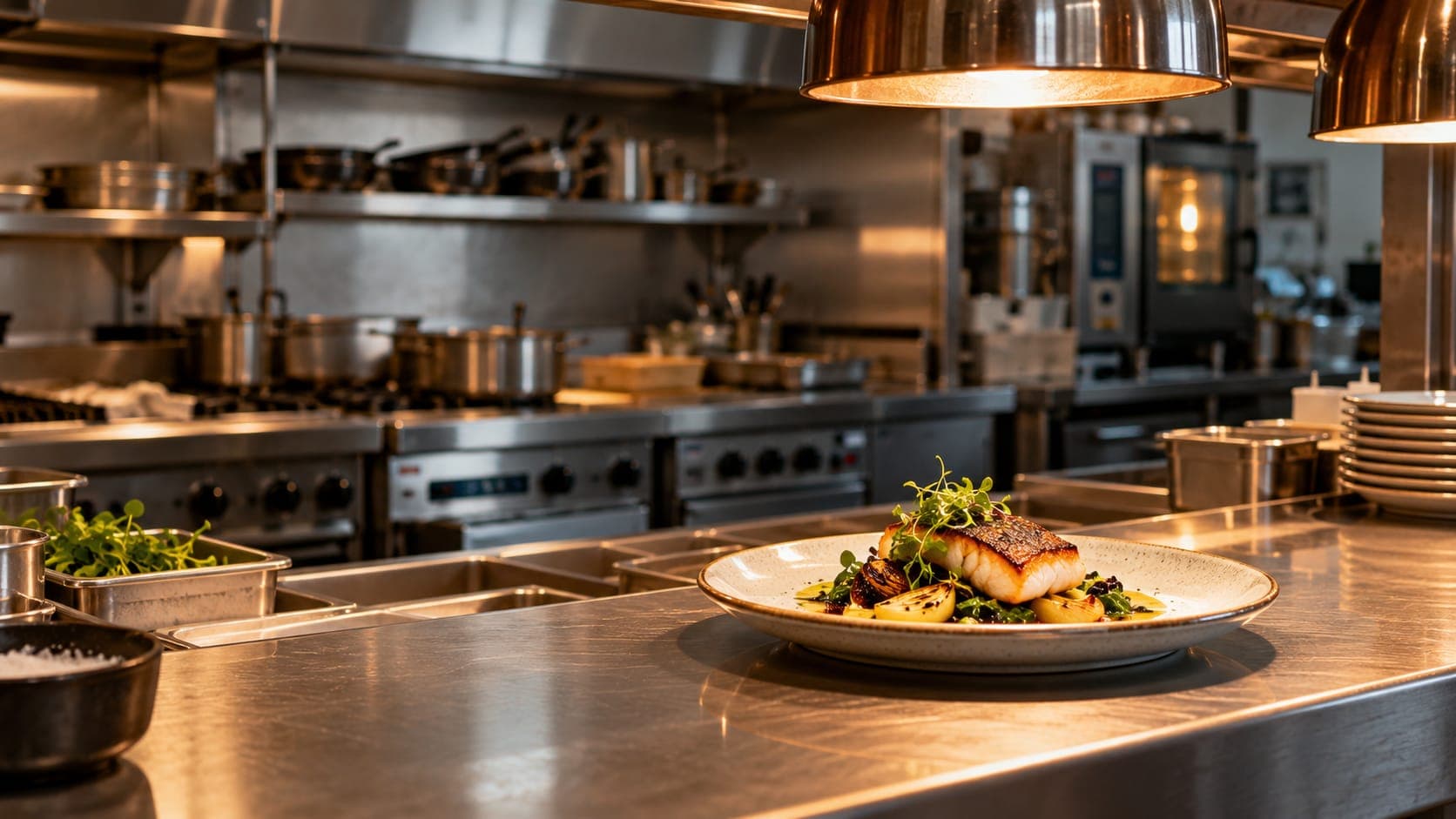 A finished plate of food on a restaurant pass with the kitchen behind it.