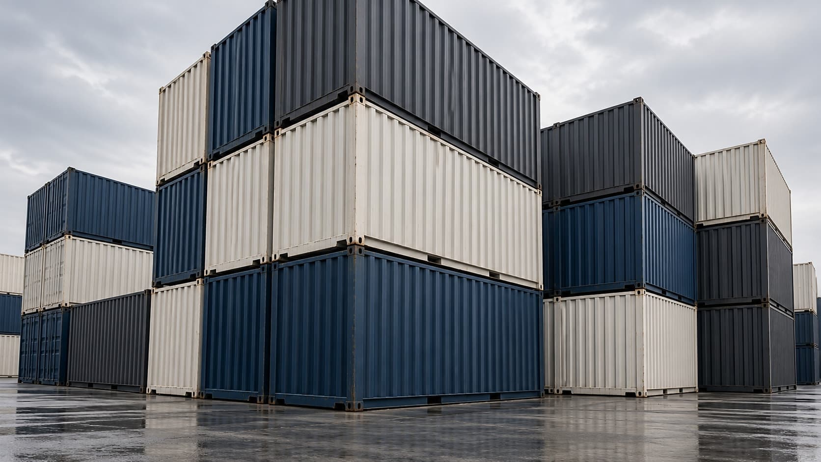 Navy, charcoal and white shipping containers stacked in a modular grid.