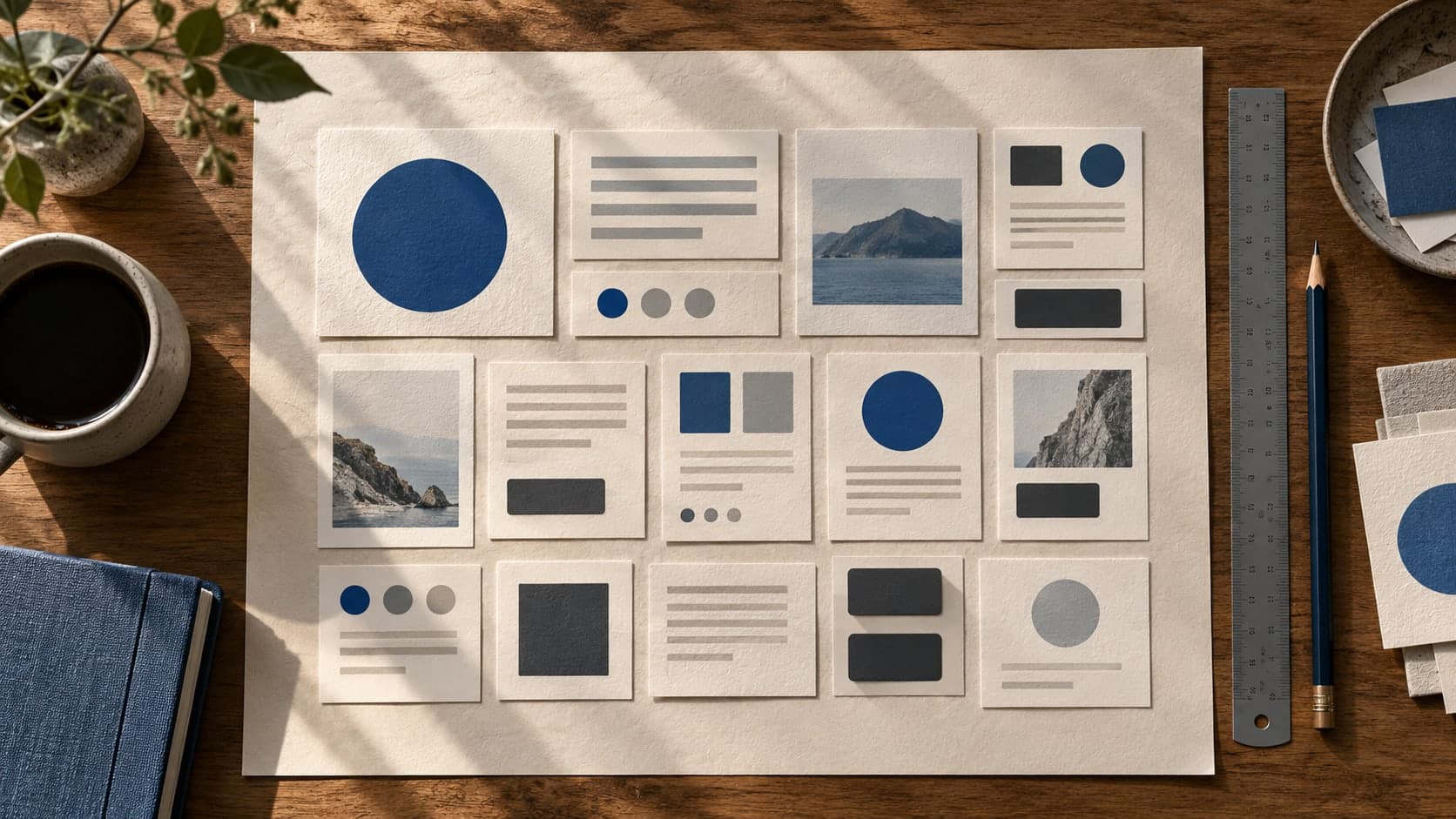 Printed interface cards arranged in a grid with a ruler and pencil on a design desk.