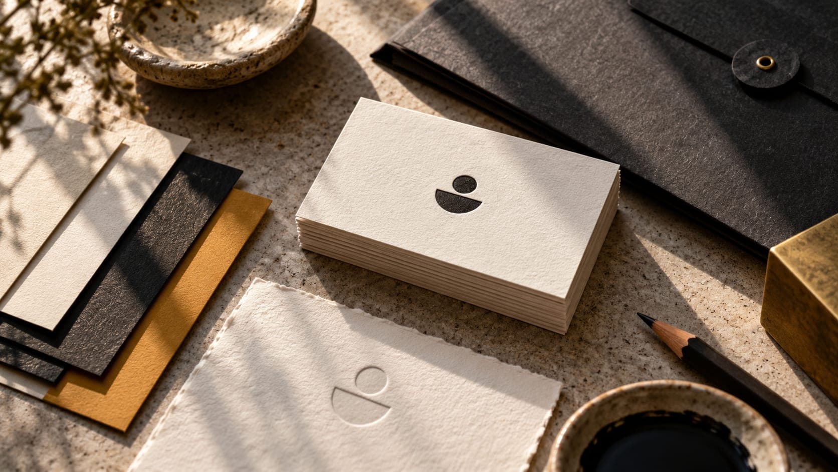 Embossed ivory business cards beside charcoal stationery and paper colour swatches.