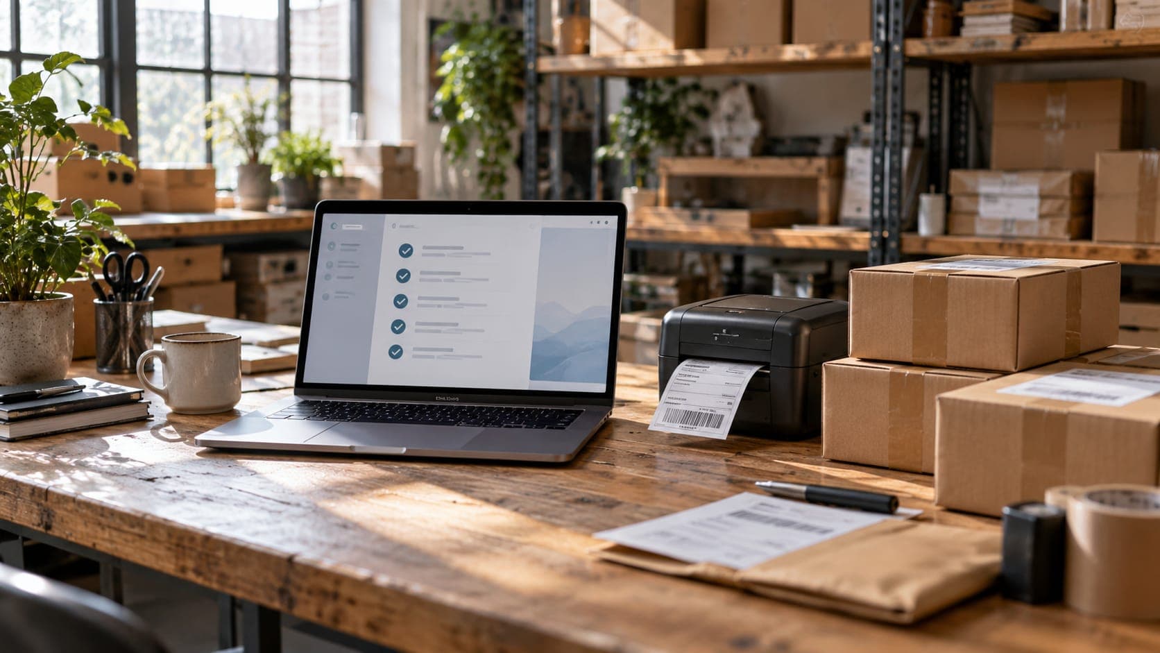 Laptop with a checklist beside a label printer and packed parcels in a fulfilment workshop.