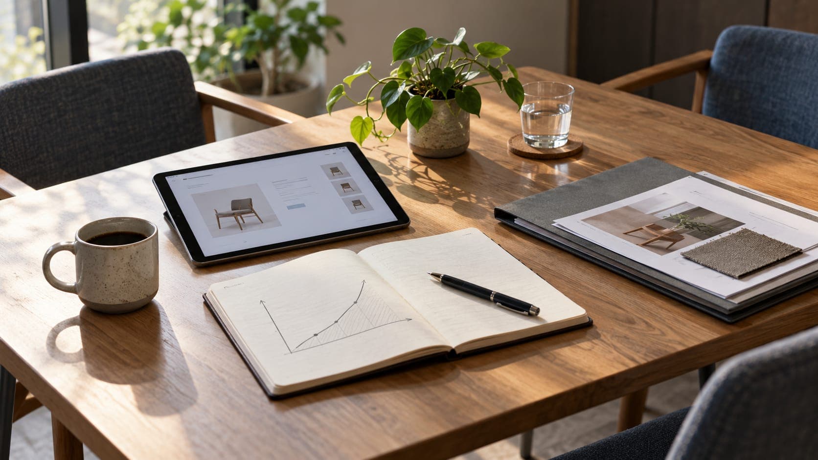 Notebook with a value chart beside a tablet and product documents on a meeting table.