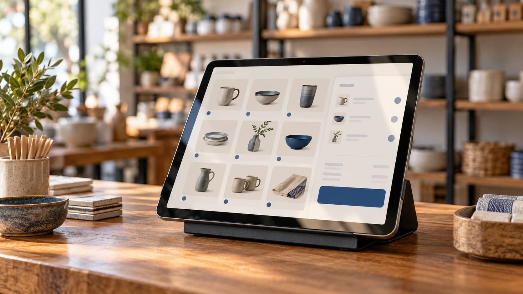 Tablet displaying a full-screen sales interface on a ceramics shop counter.