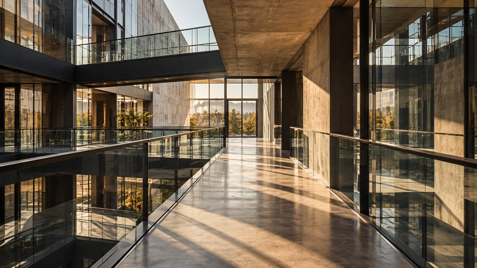Sunlit walkway through intersecting steel and glass corridors in a modern building.