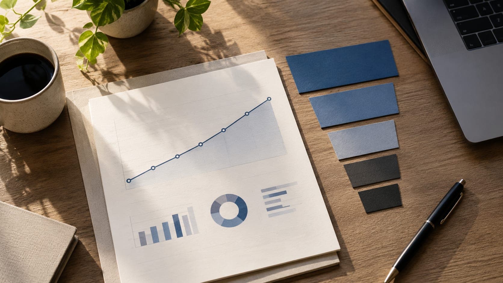 Printed blue line chart and funnel-shaped paper cards on an analyst's desk.