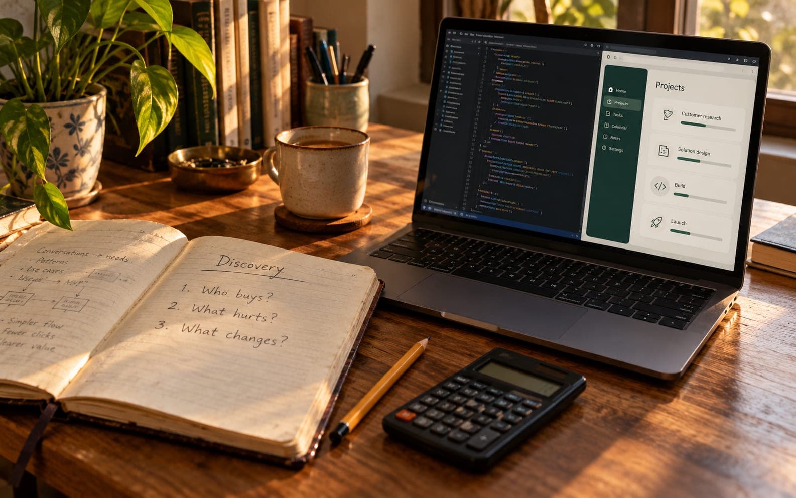 Open buyer-discovery notebook and calculator sit beside a laptop showing code and a product interface.