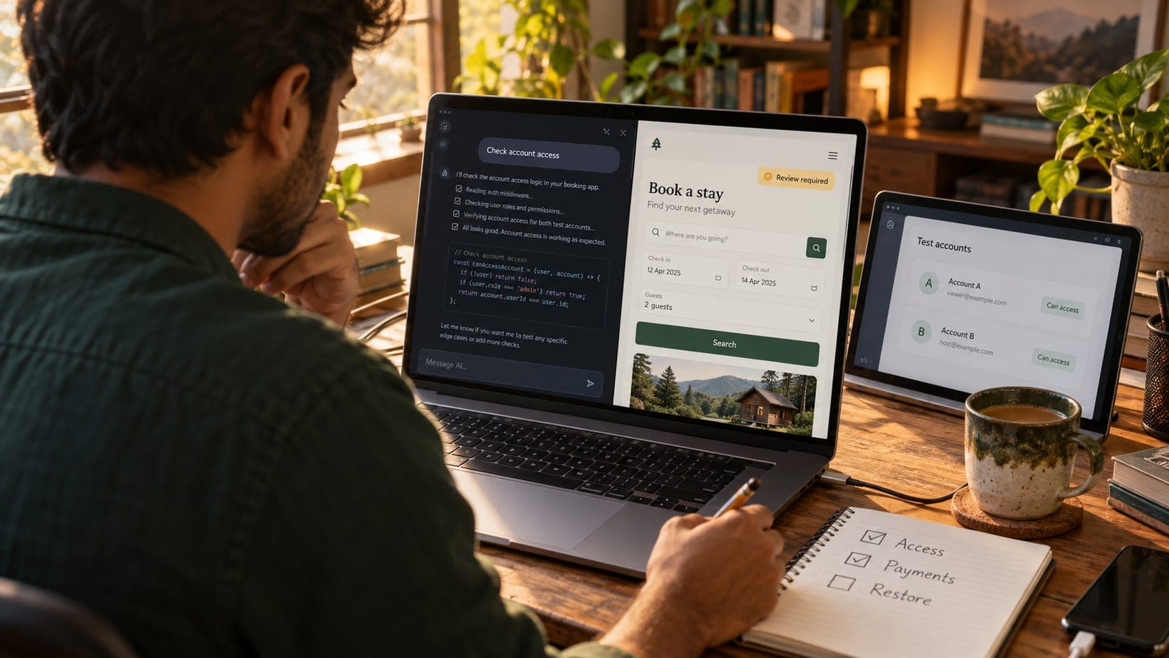 Founder reviews an AI coding conversation and booking app beside test accounts and a handwritten access, payments, and restore checklist.